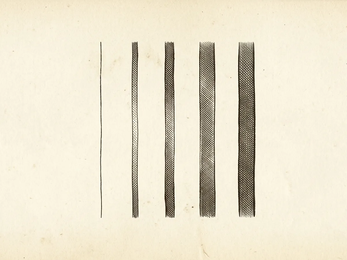 Five fountain pen line-width swatches from extra-fine to broad on cream writing paper in a scientific plate style