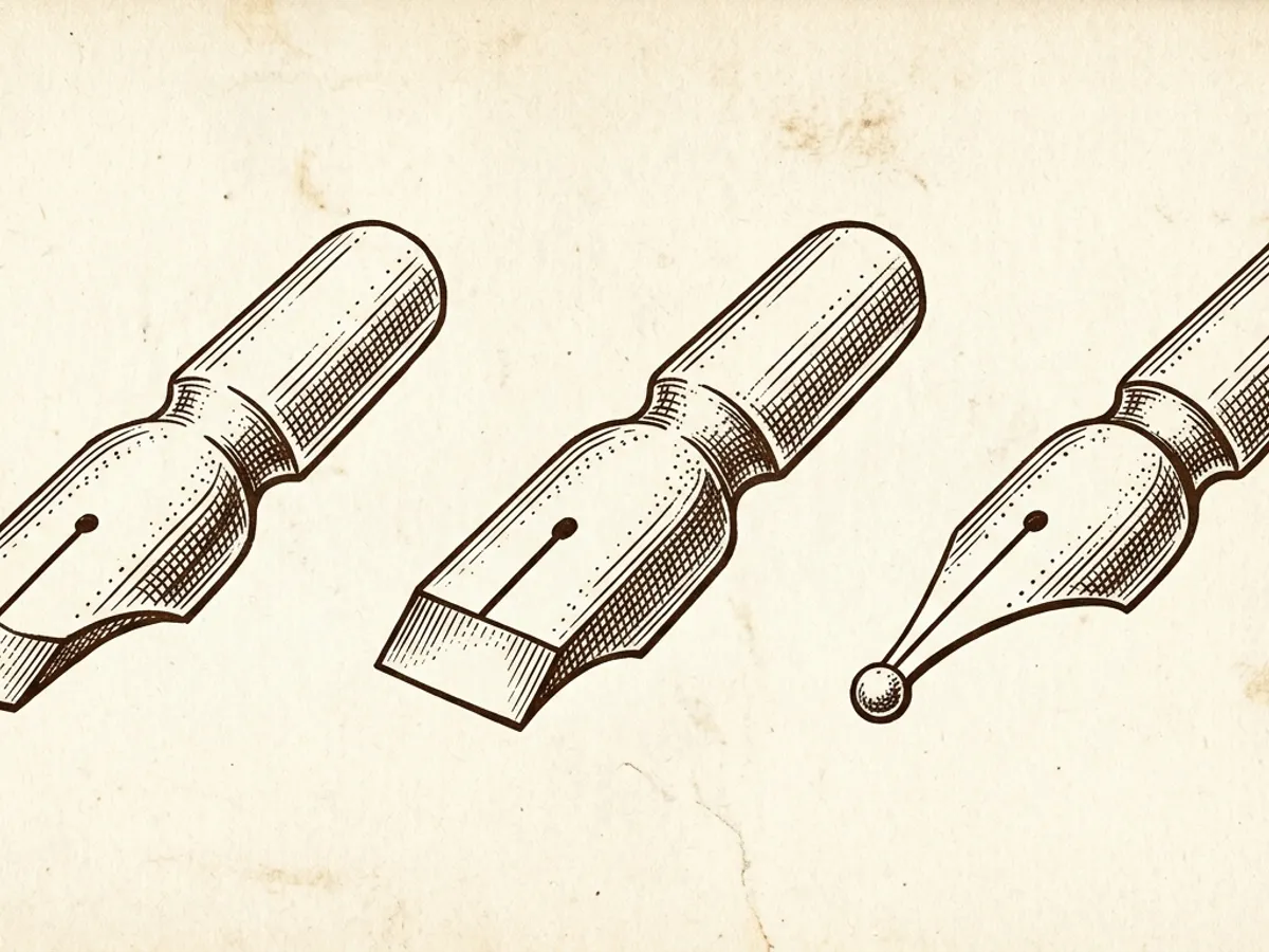Stub nib and italic nib beside a standard round nib, showing flat-ground tip geometry in a sepia scientific plate