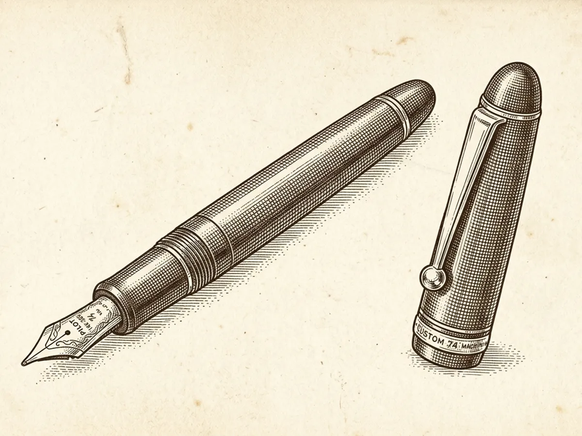 Vintage scientific plate of a Pilot Custom 74 fountain pen showing a resin body and 14k gold nib