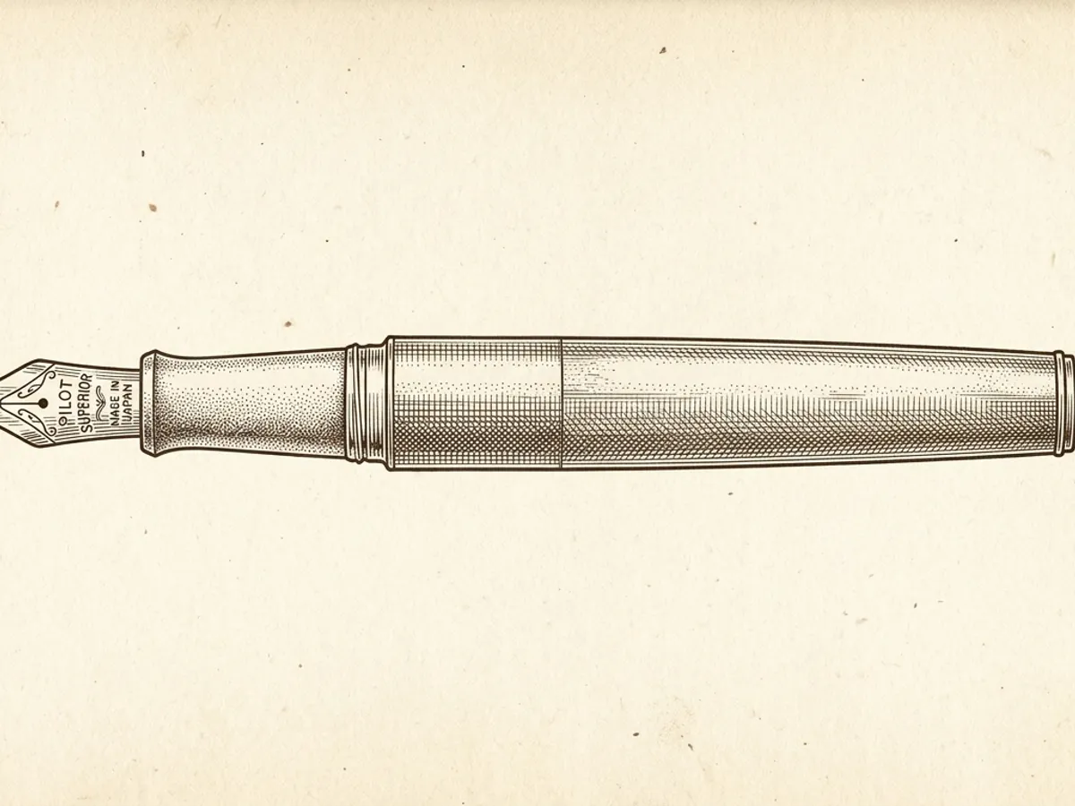 Vintage scientific plate of a Pilot Metropolitan fountain pen showing the brass barrel and rhodium-plated steel nib