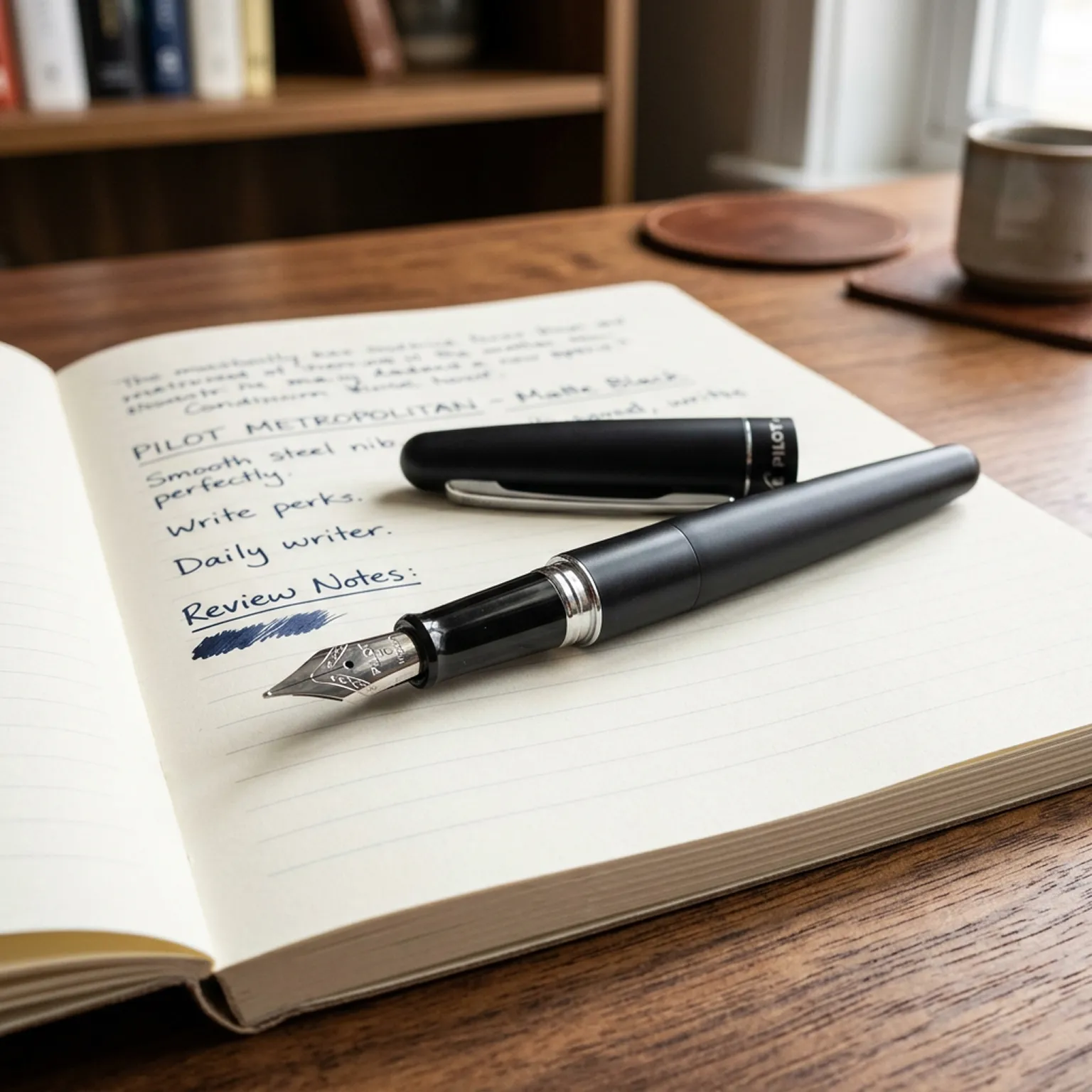 A matte-black Pilot Metropolitan fountain pen, uncapped, on an open notebook with handwritten review notes.