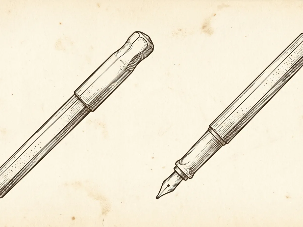 Vintage scientific plate of a Pilot Kakuno fountain pen, capped and uncapped, showing its hexagonal barrel and hooded nib