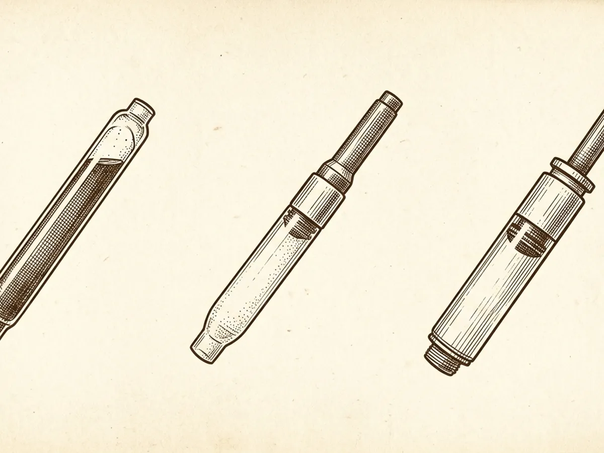 Vintage botanical plate of a Pilot proprietary ink cartridge beside CON-40 squeeze and CON-70 piston converters