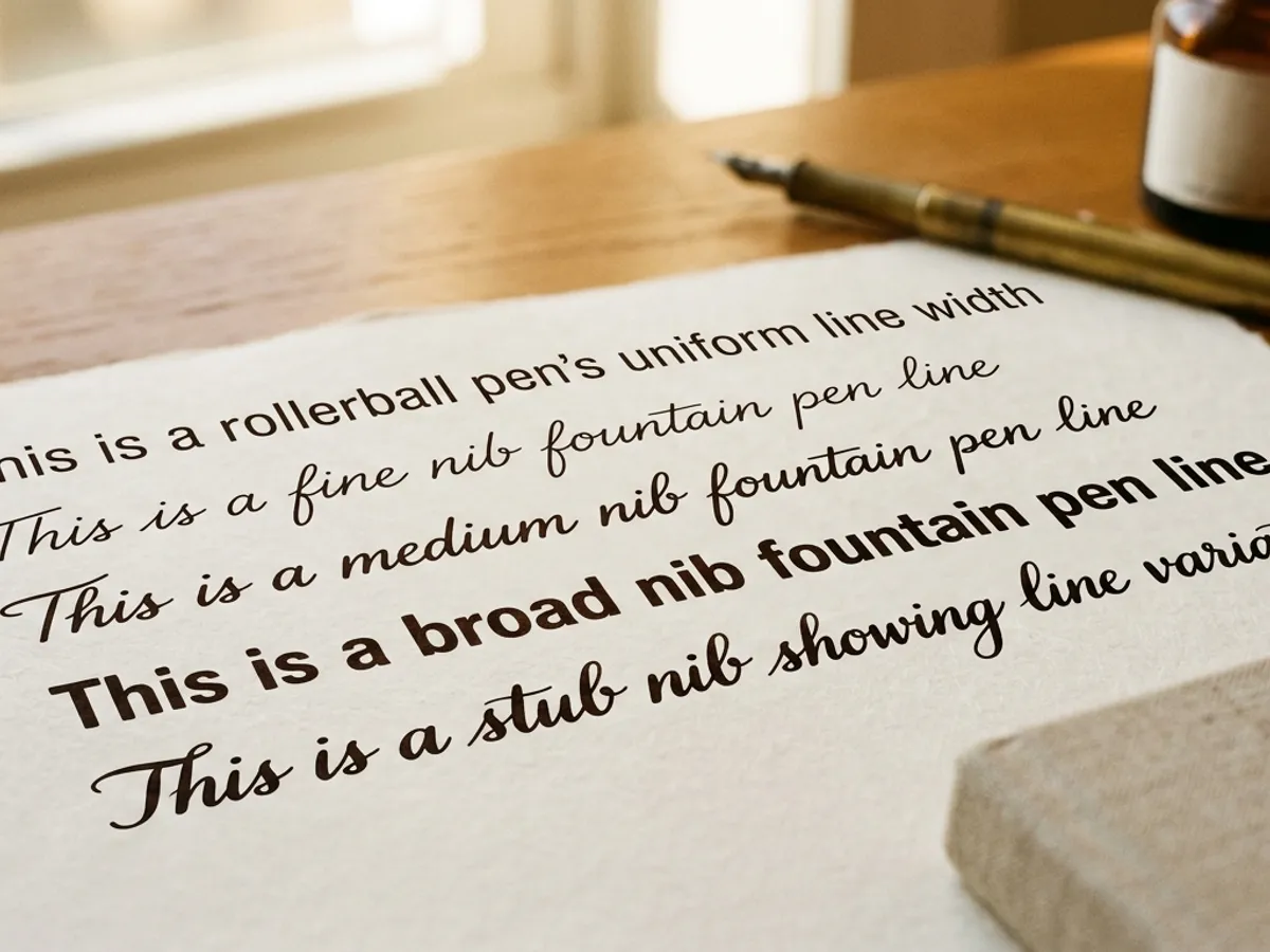 Writing samples comparing one uniform rollerball line with fountain pen lines in fine, medium, broad, and stub widths