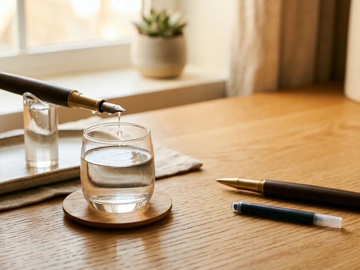 A fountain pen flushed with water beside a glass, next to a rollerball pen with a spare refill cartridge