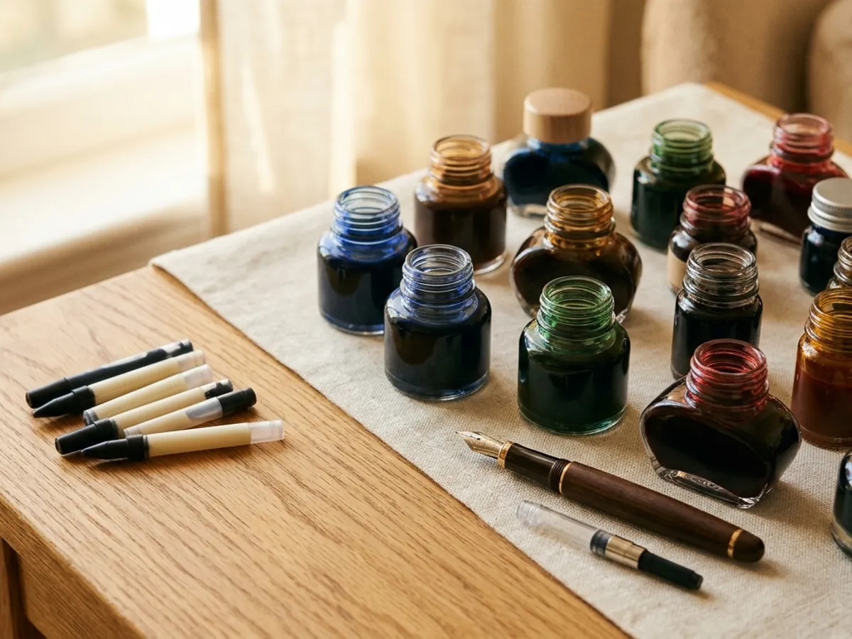 A few rollerball refill cartridges beside a wide array of bottled fountain pen inks with a pen and converter