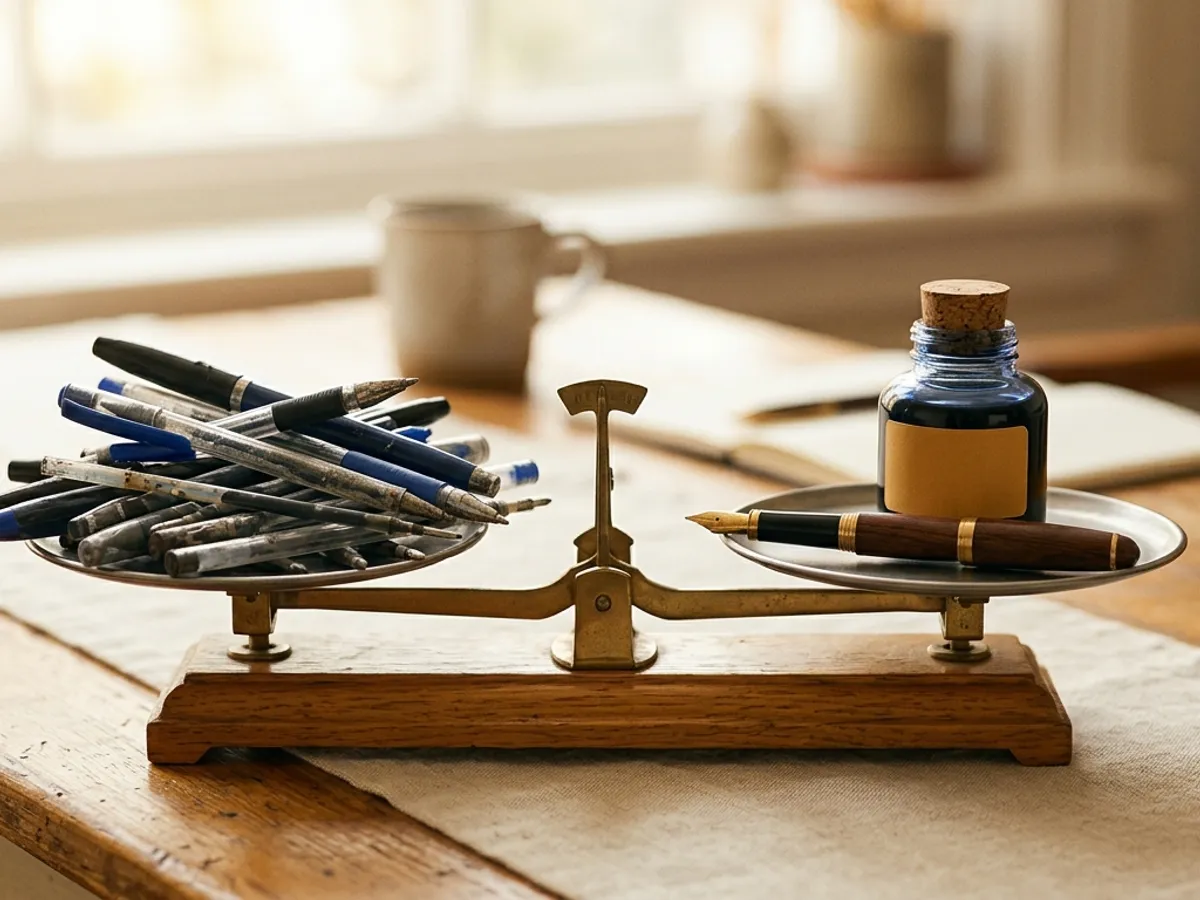 A balance scale weighing a pile of disposable rollerballs and refills against one fountain pen and a bottle of ink