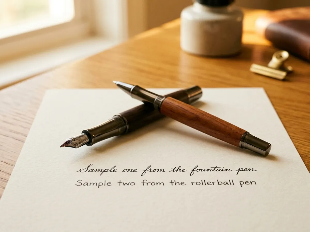 An uncapped rollerball pen and fountain pen crossed at the center above a handwriting sample from each