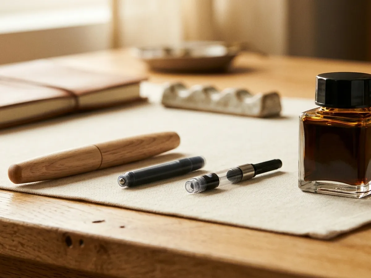 A sealed ink cartridge beside a refillable converter, with a capped fountain pen and an open bottle of ink