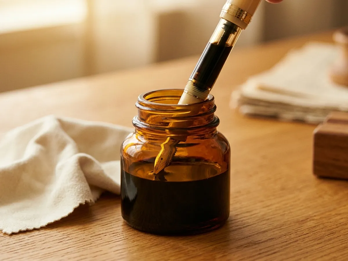 A hand twists a converter's piston knob while the fountain pen's nib and grip section are submerged in an ink bottle