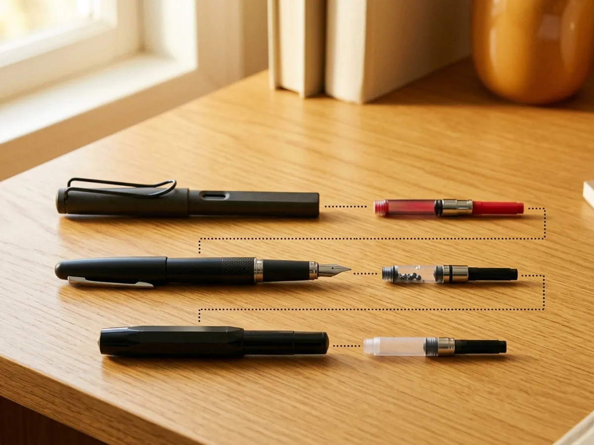 Pens matched to converters: Lamy Safari with Z26, Pilot Metropolitan with CON-40, Kaweco Sport with short converter